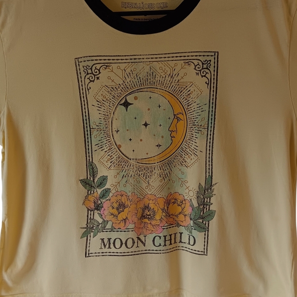 Rebellios One Moon Child women's yellow  short-sleeve crop top t-shirt size L - Picture 4 of 9